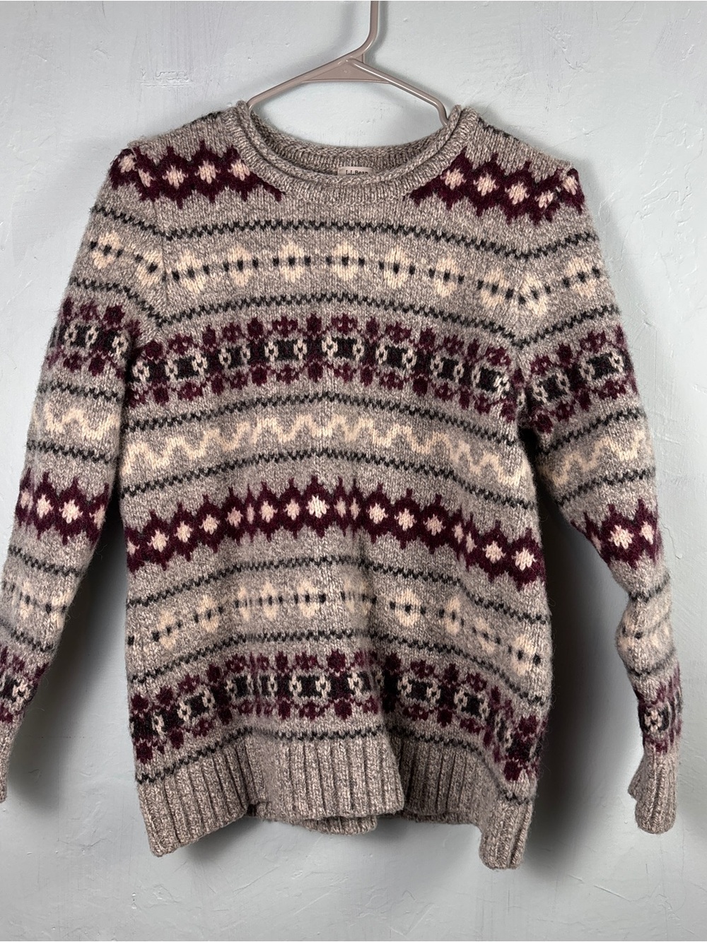 Vintage L.L Bean Fair Isle patterned Sweater, gray, cream, burgundy